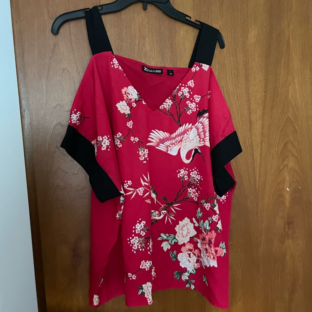 New York and Company Red shirt with print. Size Large. Gently used.